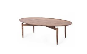 Natural oak large oval wood coffee table with shelf. Stellar Works