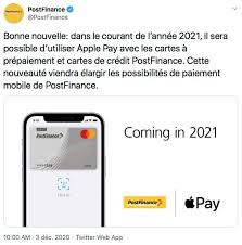 @slobodane je viens d'activer apple pay étant à la banque postale :saisie manuellement la carte visa a été reconnu:code reçu pour l'iphone et un autre pour l'apple watch.premier paiement fait à carrefour :plus rapide que la carte bleue😀. Suisse Apple Pay Arrivera Chez Postfinance En 2021 Igeneration