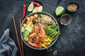 Asia Reisnudel Bowl Mit Garnelen Mango Und Sesamol Dressing Trickytine Paella Rezept Reisnudeln Lebensmittel Essen
