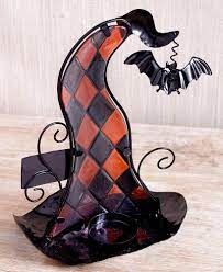 Glass Witch Hat Tea Light Holder Halloween Candle Holder Orange Argyle Halloween Candles Holders Halloween Candles Tea Lights