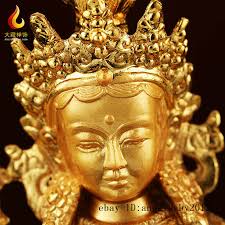 Tibetan brass gilt handmade Buddhism Green Tara Small Buddha statue