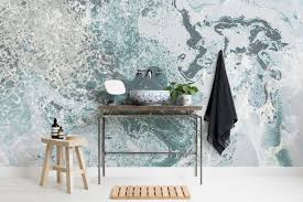 White and blue bathroom interior with a marble floor, mirror, white bathtub. Teal Blue White Marble Wallpaper Mural Hovia Uk