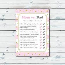 Becoming a parent enters you into a completely new and sometimes overwhelming world. Instant Download Printable Pink And Gold Themed Baby Shower Mom Vs Dad Trivia Quiz This Listing Baby Shower Quiz Printable Baby Shower Games Baby Shower Dad
