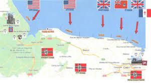 Les plages du débarquement, les positions des différents corps d'armée et l'évolution du front du 06 juin au 18 aout 1944. Carte Des Plages Du Debarquement En Normandie