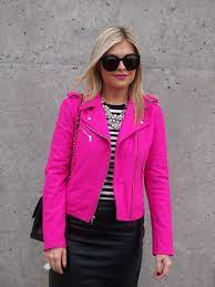 Simple But Fun And Stylish Ways To Wear Color For Spring Glam Radar Pink Jacket Outfit Leather Jacket Outfits Fashion