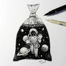 Little Man Have Been Trapped In Plastic Bag Like Marine Animals Illustration Design Doodle Drawing Blackwork Black Space Drawings Astronaut Art Drawings