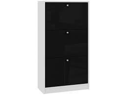 Photo meuble à chaussures design laqué blanc reva. Noki Meuble D Entree Rangement Chaussures 112 5x60x28 5cm 3 Portes A Rabat Armoire Range Chaussures Contemporain Blanc Noir Laque Vente De Hucoco Conforama