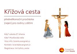 Každé zastavení je doplněno barevnou dětskou kresbou. Krizova Cesta Modranskou Rokli Farnost Praha Hlubocepy Centrum Barrandov