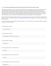 Q17. Connecticut High-Dosage Tutoring Program: Approved Tutor Provider  Survey The purpose of this survey is to build a list of 3