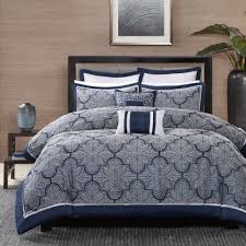 6pc comforter set includes a comforter, 2 shams, a coverlet, and 2 quilted shams with a contemporary geometric print in a modern navy blue colorway. Barrett 8 Piece Jacquard Comforter Set By Madison Park A Handsome Navy Blue Crisp White And Dap Comforter Sets King Size Comforter Sets Navy Comforter Sets