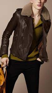 Burberry Iconic British Luxury Brand Est 1856 Biker Jacket Shearling Collar Mens Jackets