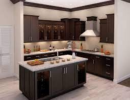 Blond floating kitchen shelves mounted over brown and white wall tiles and light gray flat front kitchen drawers with brass knobs. Kitchen L Shaped Dark Brown Wooden Kitchen Cabinet And Rectangle Island With Grey Marble Minimalist Kitchen Cabinets Brown Kitchen Cabinets Kitchen Renovation
