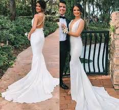 Liebevolle beratung im privaten separee. Sexy Deep V Neck White Mermaid Wedding Dresses Sweep Train Criss Cross Back Satin Brautkleider Robes De Soiree For Women Wedding Dresses