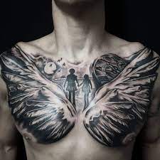Family Clock And Angel Wings Chest Tattoo Angel Wings Chest Tattoo Tattoos Chest Tattoo Family