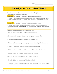 Identify The Transition Words Printable Writing Worksheet Transition Words Transition Words Worksheet Transition Words Activities