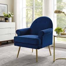 Blue Velvet Round Back Gold Legs Armchair Velvet Armchair Luxurious Accent Chairs Navy Living Room Furniture