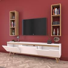 Rani D1 Duvar Rafli Kitaplikli Mdf Tv Unitesi Duvara Monte Dolapli Ahsap Ayakli Tv Sehpasi Beyaz Ceviz M6 Mobilya Yatak Odasi Tv Ev Ic Tasarimi