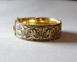 Black And Gold Jewelry From Spain Vintage Damascene Angel Bangle Bracelet Gold W Black Enamel Spanish Toledo Jewelry Jewelry Gold Bangle Bracelet Vintage Jewelry