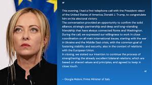 🇮🇹 Italian Prime Minister Giorgia Meloni had a phone call yesterday with  🇺🇸President-elect Donald Trump