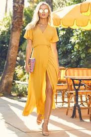 Day Wedding Guest Dresses And Wedding Guest Attire Lulus Com Yellow Dress Summer Long Wrap Dress Golden Yellow Dress