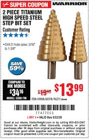 Warrior Titanium Coated High Speed Steel Step Bit Set 2 Pc For 13 99 High Speed Steel Harbor Freight Tools Step Drill