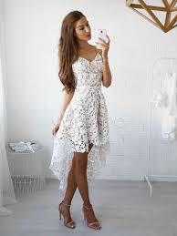 White Lace Dress Spaghetti Straps High Low Semi Sheer Short Dress Lace White Dress White Homecoming Dresses Lace Homecoming Dresses
