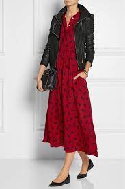 Ladylike Dress With A Leather Motorcycle Jacket Silk Print Dress Fashion Pretty Outfits