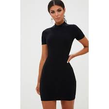 Black High Neck Short Sleeve Tie Back Bodycon Dress 16 Liked On Polyvore Featuring Bodycon Dress With Sleeves High Neck Bodycon Dress High Neckline Dress