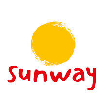 Stylized yellow sun above the word 'sunway' in red lowercase lettering.