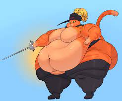 1boy anthro ass belly big belly boots chocco pudding domestic cat  dreamworks fat feathered hat feathers feline feline humanoid furry green  sclera hand on stomach large ass large belly