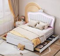 Lit d'enfant 140x200cm, couronne blanche fille cadre de lit en cuir PU avec  porte-glissières de rangement, lampes LED appuie-dos