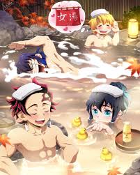 hana ni nare, agatsuma zenitsu, hashibira inosuke, kamado tanjirou, tokitou  muichirou, kimetsu no yaiba, highres, 4boys, abs, aqua eyes, aqua hair,  bird, black hair, blonde hair, blue hair, closed eyes, drink, duck,