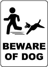 Close up isolated image of a yellow metal animal crossing sign with a mother dog and her puppies figures on yellow background. Beware Of Dog Sign F8133 By Safetysign Com