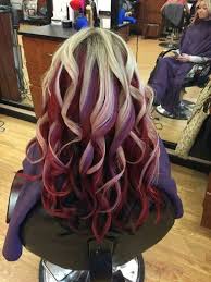It is done by coloring each half of the hair separately. Blonde Top Red Middle Dark Brown Bottom With Pops Of Purple I Have Never Received So Many Compliments Befo Hair Styles Hair Color Highlights Burgundy Hair