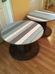 Handcrafted Top Of Solid Wood Electric Spool Painted In Cool Water Colors Distressed And Waxed Spool Furniture Wood Spool Tables Pallet Furniture Outdoor