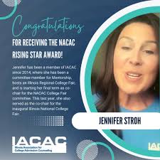 Congratulations to Jennifer Diane Stroh for recieving the NACAC Rising Star  Award! Thank you for your dedication to helping students and families!  #collegeadmissions #iacac #NACAC #nacac ...