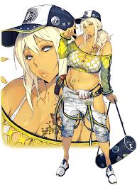 watanabe wataru (character designer), rinalia kuo, super robot wars, super  robot wars dd, highres, official art, 1girl, belt, blonde hair, breasts,  butterfly tattoo, curvy, dark-skinned female, dark skin, dithering, full  body, gloves,