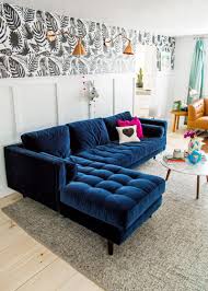 Tufted Blue Velvet Sofa Via A Subtle Revelry Blue Sofa Living Living Room Design Blue Blue Sofas Living Room