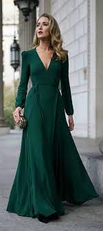 Click For Outfit Details Emerald Green Long Sleeve Floor Length Wrap Dress Black And Gol Maxi Dress Evening Evening Dresses Long Sleeve Maxi Evening Dress