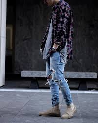 The quality of the material is the most important when buying chelsea boots, says dune london men's shoe buyer, louise godding. Men S White And Red And Navy Plaid Long Sleeve Shirt Grey Crew Neck T Shirt Light Blue Ripped Jeans Beige Suede Chelsea Boots Streetwear Outfit Hipster Mens Fashion Chelsea Boots Outfit