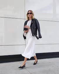 Anine Bing White Midi Dress Black Sling Back Heels Black Biker Leather Jacket Black Sunglasses Fall Dressy Casual Outfit 2020