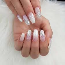 Elegant White Ombre Coffin Nails With Glitter Ombrenails Glitternails Whitenails Acrylicnailart Pink Ombre Nails White Shellac Nails Pink Nail Art Designs