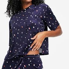 Hunkemoller Dottie short sleeve velour pyjama top in navy spot print