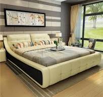 Quarto de cama moderno, cama de casal quadrada dupla com design simples,  encosto de costas em couro, estrutura de madeira, cama para dormir