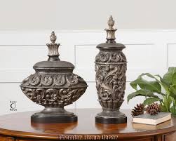 Old World Tuscan St 2 Embossed Urn Vases Finial Accent Lids Iron Art World Decor Tuscan