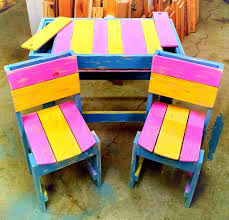 Diy Colorful Wooden Pallet Chair And Table Furniture For Kids Pallet Furniture Pallet Crafts Diy Pallet Furniture