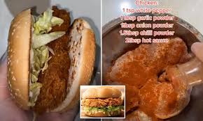 Place a salad leaf on the burger than a chicken piece, top with . Man Makes A Kfc Zinger Burger At Home Daily Mail Online