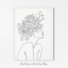 Head Of Flowers Art Print Woman Line Drawing One Line Art Etsy Abstract Line Art Art Line Art
