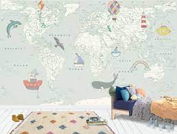 This tropical wall mural will add a little piece of paradise to any room. Beautiful Children World Map Wall Mural Detailed Children Etsy In 2021 Map Wall Mural Kids Wallpaper Textured Wallpaper