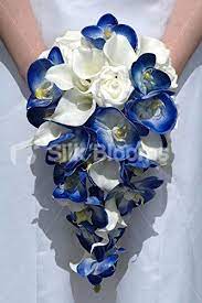 Blue and white rose and lily wedding bouquets. Royal Blue Orchid Ivory Calla Lily Rose Cascading Bouquet Blue Wedding Bouquet Blue Wedding Flowers Calla Lily Bridal Bouquet
